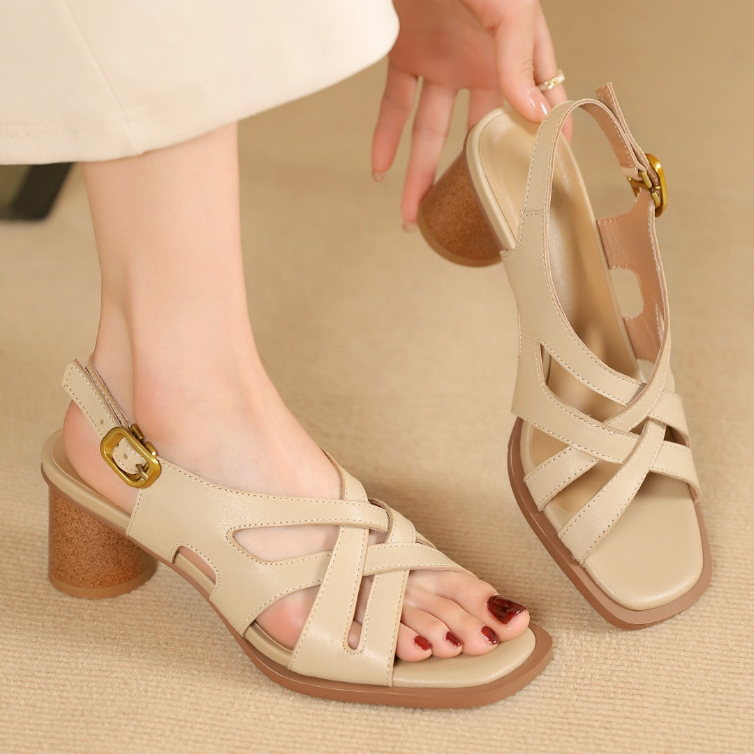 Aiertu  -  Large size 34-42 women's genuine leather narrow band cross strap 5.5cm round heel open toe summer pumps elegant ladies sandals Aiertu