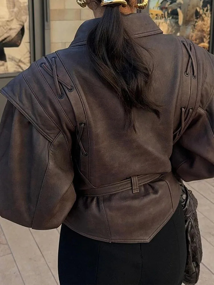 Aiertu  -  Fashion Leather Woman Short Jacket With Belt Turn Down Collar Long Sleeve Motorcycle Coat Ladies Winter Warm Street Outerwear Aiertu