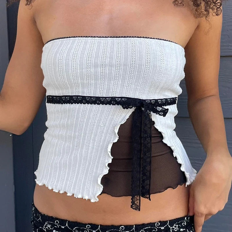 Aiertu outfit ideas Hotsweet Bow Crop Tops Chic Lace Patchwork Strapless Vests Y2K Streetwear Aesthetic Fashion Sleeveless Slim Camis Aiertu
