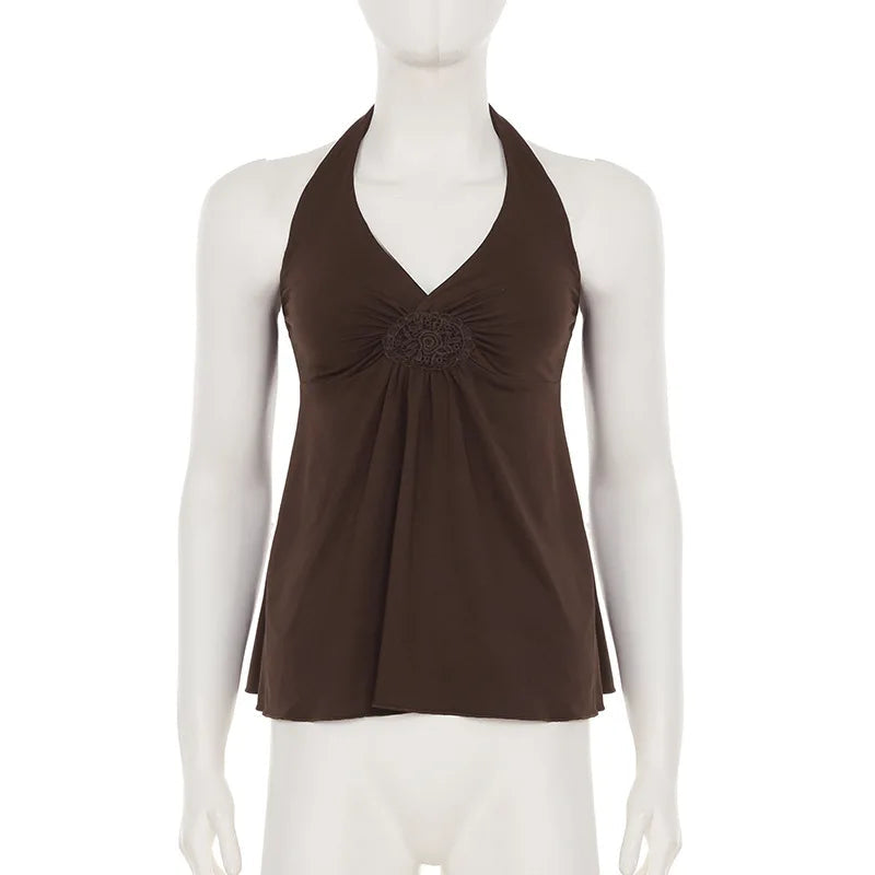 Aiertu  -  Brown Embroidered V Neck Backless Halter Top 2000s Clothes Y2k Vintage Sexy Tank Tops Women Summer 2025 Aiertu