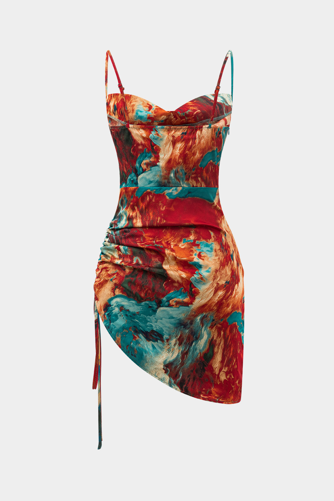 Aiertu  Watercolor Print Satin Ruched Drawstring Slip Mini Dress Aiertu