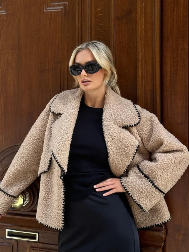 Aiertu  -  Women Contrasting One Button Lamb Woolen Coat Fashion Lapel Long Sleeves Short Plush Jacket Autumn Casual Lady Street Outwear Aiertu