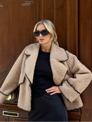 Aiertu  -  Women Contrasting One Button Lamb Woolen Coat Fashion Lapel Long Sleeves Short Plush Jacket Autumn Casual Lady Street Outwear Aiertu