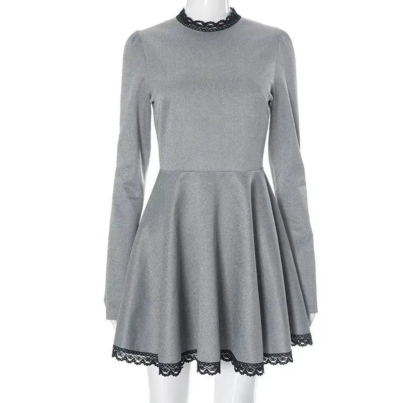 Aiertu  -   party look snspos Ruffle Lace Mini Dress Women O Neck Long Sleeve Slim A Line Short Dress High Waist Pullover Patchwork Party Y2k Dress Aiertu