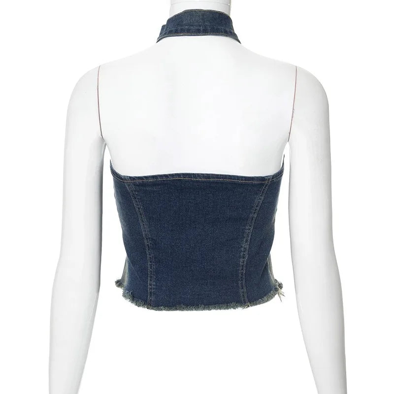 Aiertu  -  Halter Belt Sleeveless Blue Bodysuit Zipper Backless Worn Out Denim Camisole Crop Top Fashion Summer Club Wear Aiertu