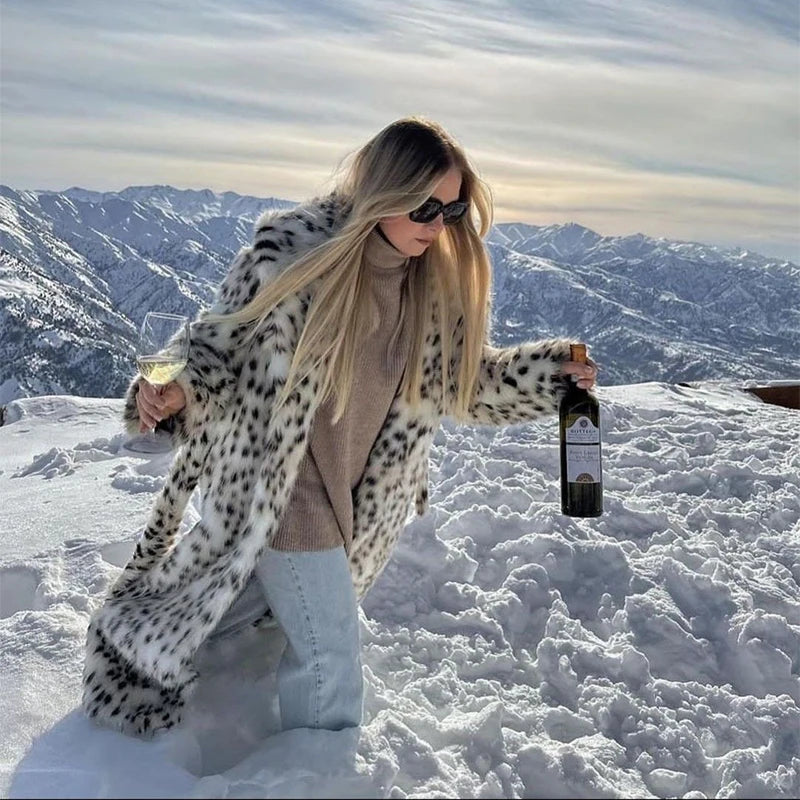 Aiertu  -  casual winter outfits Winter 2024 Long Belted Leopard Faux Fox Fur Coat Women Overcoats Ladies Stylish Street Fashion Fluffy Fox Fur Jacket Aiertu