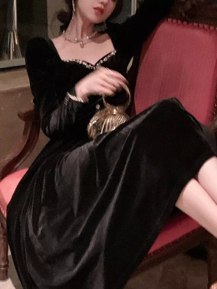 Aiertu Velvet Women's Dresses Autumn Black Bodycon Evening Party Dress Korean Style Elegant Long Sleeve Graduation Vestidos Aiertu