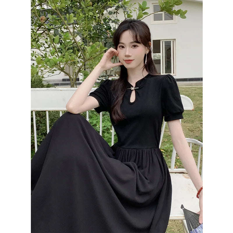 Aiertu  Slimming High Waist Pure Color Butterfly Buckle Small Stand Collar Summer New Style Traditional Chinese Fashion Dress Aiertu