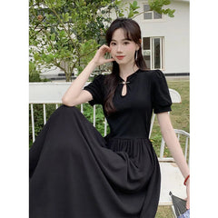 Aiertu  Slimming High Waist Pure Color Butterfly Buckle Small Stand Collar Summer New Style Traditional Chinese Fashion Dress Aiertu