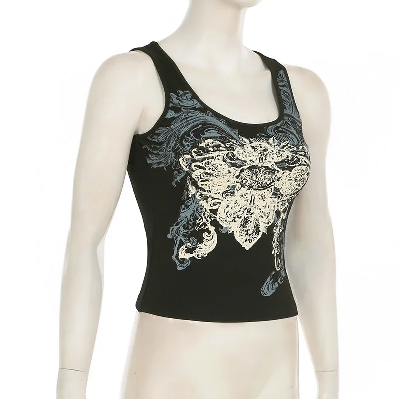 Aiertu  -  Dark style retro printed vest top round neck slim pullover sleeveless knitted top for women summer Aiertu
