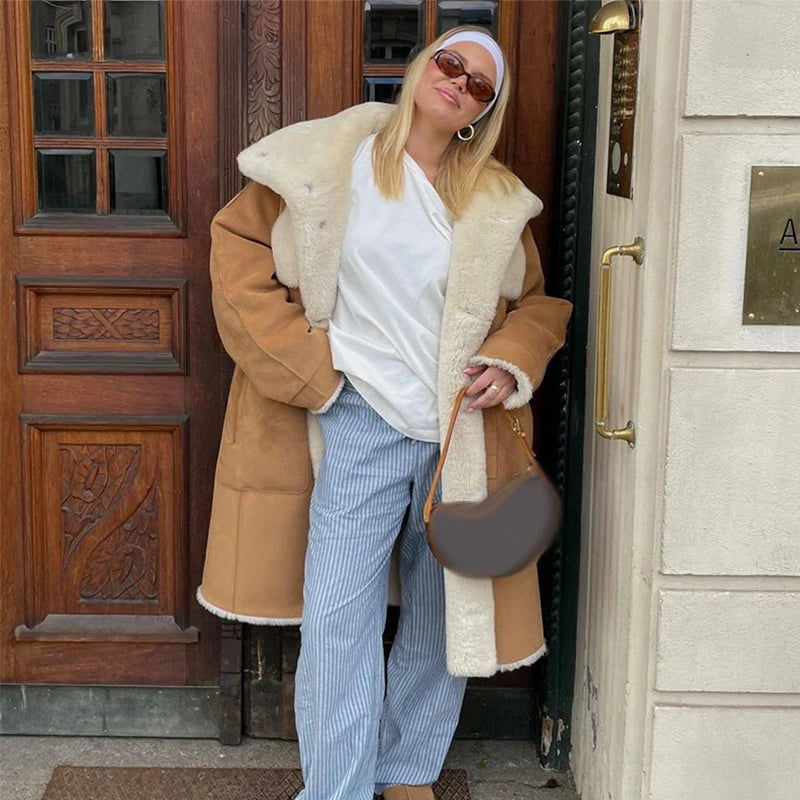 Aiertu  -  layered look inspo Vintage Patchwork Women Maxi Jacket Lapel Lamb Wool Pocket Lady Coat Fashion Full Sleeve Autumn Warm Thicken Female Top Aiertu