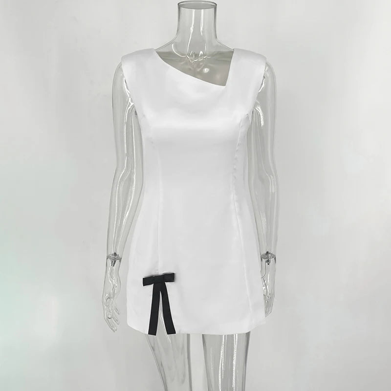 Aiertu  -  New Satin Tank Dress For Women Skew Collar Fashion Bow Split Elegant Evening Party Short Dress Sleeveless Bodycon Outfits Aiertu