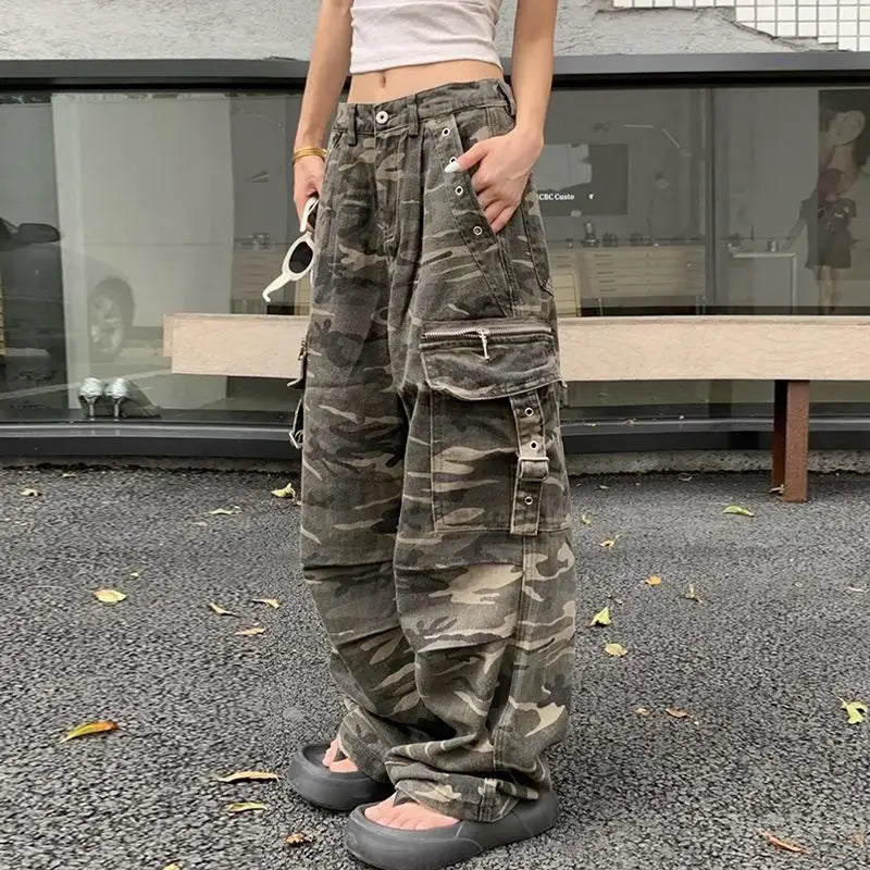 Aiertu  -  American Retro Distressed Camouflage Overalls Stylish High Street Straight Jeans Baggy Jeans Harajuku Y2k Hot Girl Trousers Aiertu