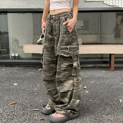 Aiertu  -  American Retro Distressed Camouflage Overalls Stylish High Street Straight Jeans Baggy Jeans Harajuku Y2k Hot Girl Trousers Aiertu
