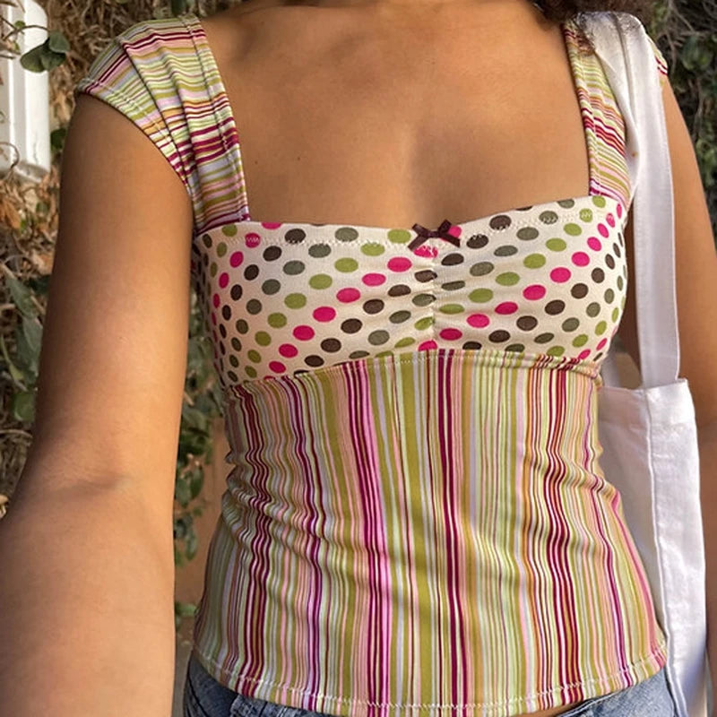 Aiertu  Plaid/Stripes Print Square Neck Tank Tops Cottage Y2K Aesthetic Bow Trim Milkmaid Crop Top Women Backless Slim Fit Shirts Vest Aiertu