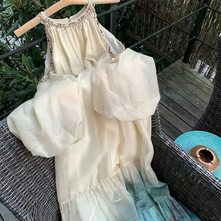 Aiertu  -   Spring New Korean Fashion Bohemian Vacation Style Slimming Shell Off Shoulder Vintage Dress Tie Dye A-line Long Dress for Women Aiertu