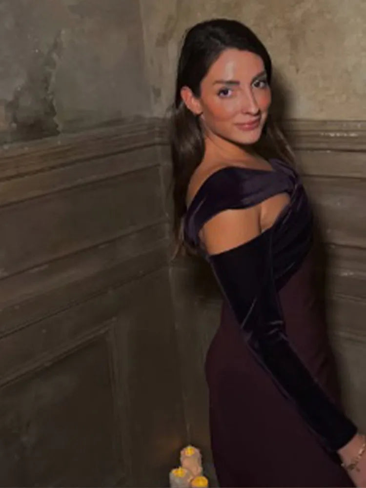 Aiertu  -  Sexy Burgundy Cross Collar Single Shoulder Sleeve Dress Elegant Slim Backless Slit Long Vestidos Lady Chic Evening Party Robes Aiertu