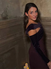 Aiertu  -  Sexy Burgundy Cross Collar Single Shoulder Sleeve Dress Elegant Slim Backless Slit Long Vestidos Lady Chic Evening Party Robes Aiertu