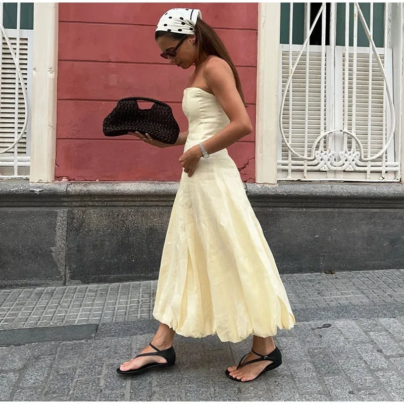 Aiertu  -  Elegant A-line Long Flower Bud Dress Women Evening High Waist Backless Sleeveless Tube Dresses 2025 Summer Gown Solid Vestidos Aiertu