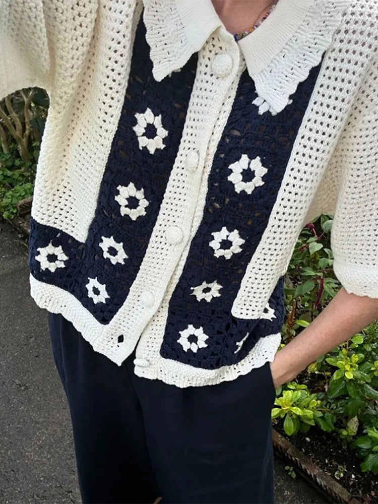 Aiertu  -  Casual Knitted Contrast Flower Cardigan Women Hollow Out Lapel Short Sleeve Single Breasted Sweater Female 2026 Autumn Lady Tops Aiertu
