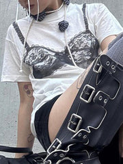 Aiertu - summer inspo Hot Black Lace Bra Print White Graphic T-Shirt Fashion Woman Blouse Tees O Neck Short Sleeve Casual Street Sweats Tops Aiertu