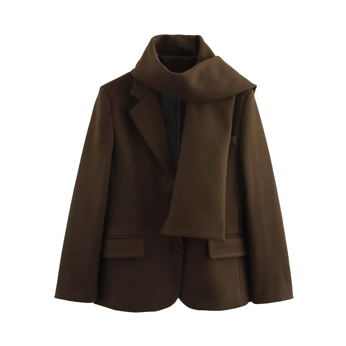 Aiertu  -  Fashion Woolen Blazer Jacket With Scarf Women's Loose Solid Pockets Long Sleeve Suits Coat Office Lady Versatile Outwear Aiertu