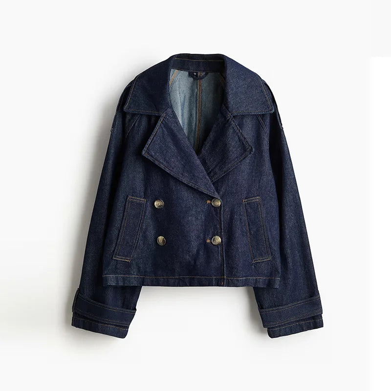 Aiertu  -  Fashion Denim Lapel Short Jacket For Women Chic Double Breasted Cropped Jackets Female 2025 Spring New Long Sleeve Street Tops Aiertu