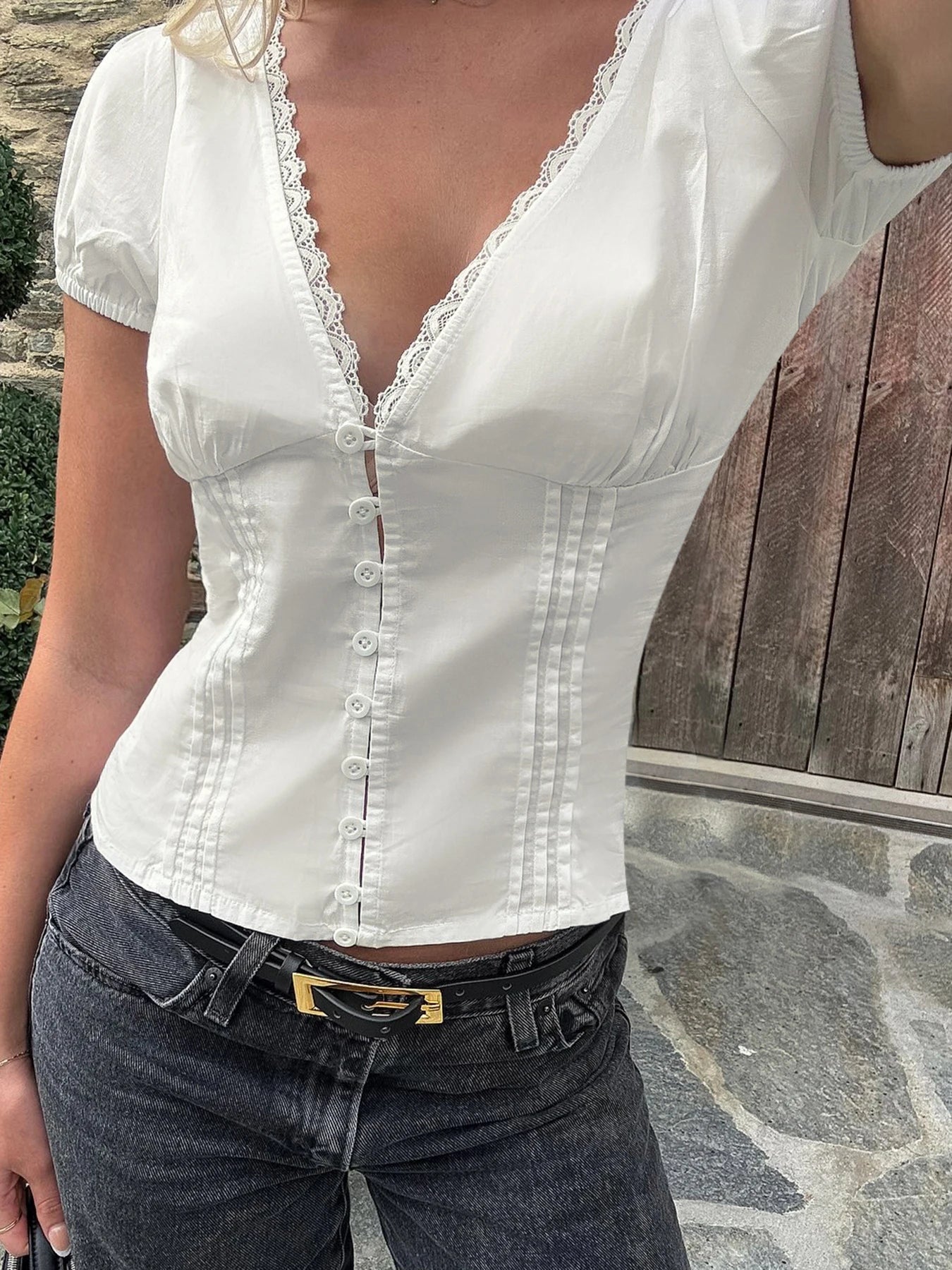 Aiertu  -  Lace Patchwork Solid Blouses for Women Single-breasted Fashion Slim Clothes Streetwear V-neck Short Sleeves Tops Aiertu