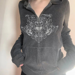 Aiertu  -  casual winter outfits Y2K Graphic Print Zipper Jacket with Hooded Vintage Aesthetic Gray 2000s Women Coat Knitted Outwear Autumn Outfits Aiertu