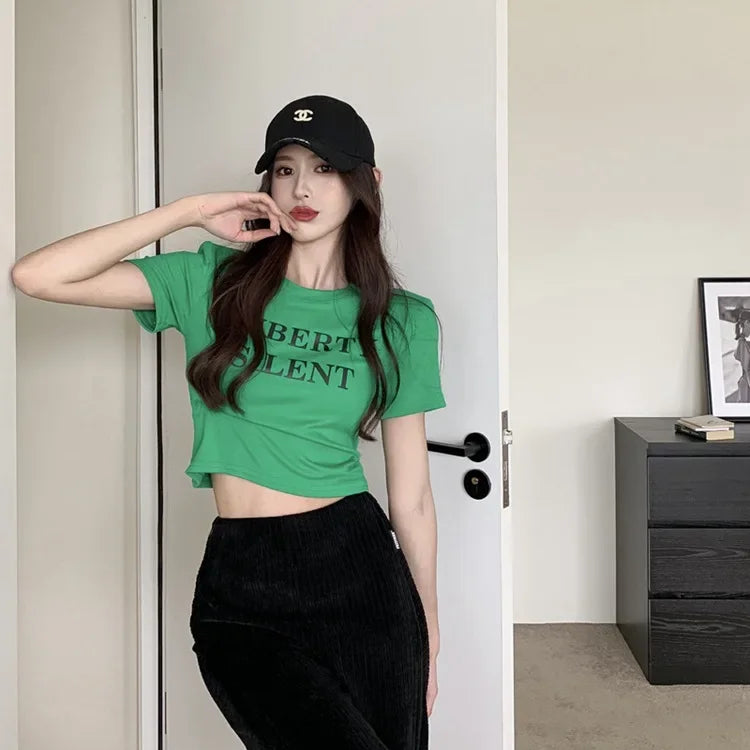 Aiertu  -  Short Sleeved T-shirt Women's Short Base Shirt 2026 Spring and Summer Slimming Slim Fit Letter White Student Top Female Clothes Aiertu