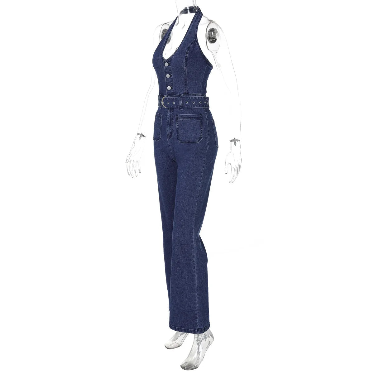 Aiertu  -  Halter Slim Denim Jumpsuits For Women Sleeveless High Waist Streetwear Backless Lady Fashion Sexy Plunge Rompers Outfits Aiertu
