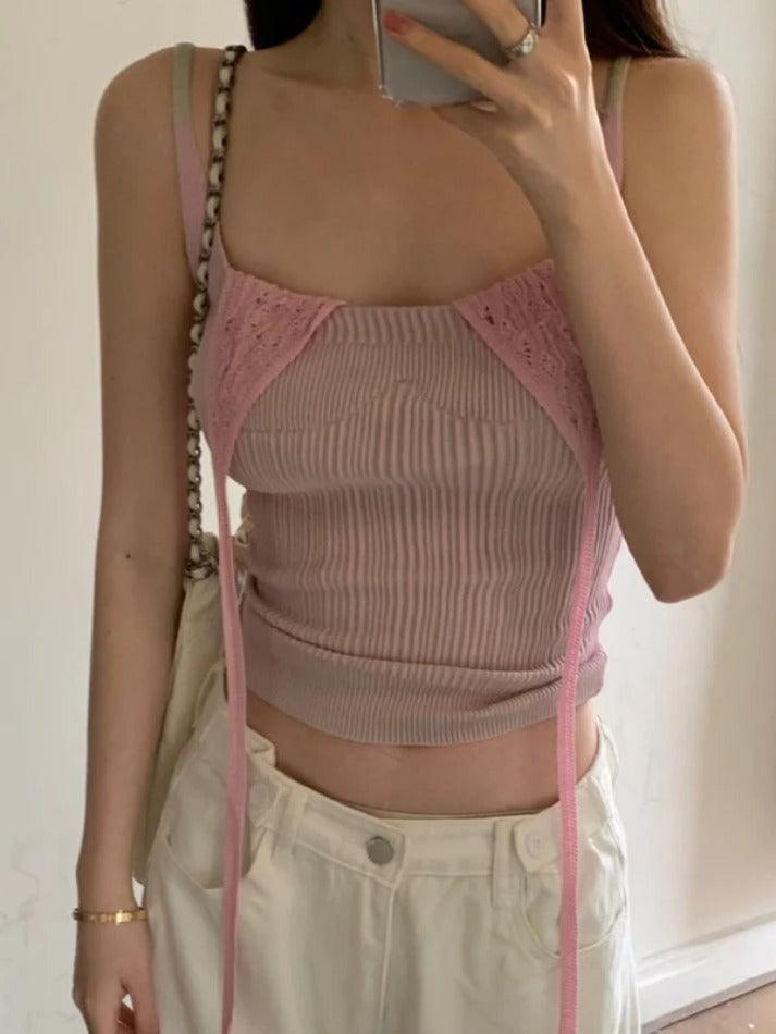 Aiertu  -Contrast Color Fake Two Piece Knit Cami Top Halter Vest aiertu