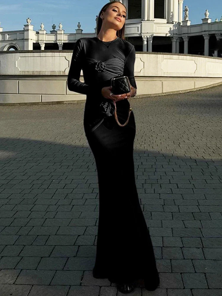 Aiertu  -  Sexy Slim Ruched Flower Maxi Dress For Women  Long Sleeve Solid Party Streetwear Outfits Elegant High Elasticity Dresses Aiertu