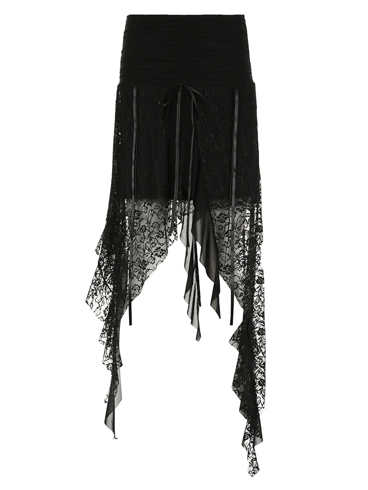 Aiertu - summer inspo Black Solid Goth Lace Midi Skirts Womens Asymmetrical Hem Chic Fashion Vacation Boho Outfits Aiertu