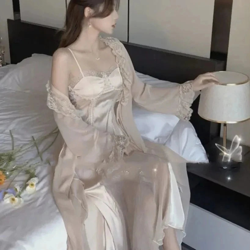 Aiertu  -  layered look inspo Female Long 2PCS Nighty&Robe Sleepwear Set Sexy Long Lace Trim Bathrobe Gown Suspender Nightdress Summer Loose Satin Home Wear Aiertu