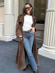 Aiertu  -  Female Retro Jacket Elegant Brown Belted Waist Long Coat Double Breasted High Street Autumn Fashion Full Sleeve Outwear Aiertu
