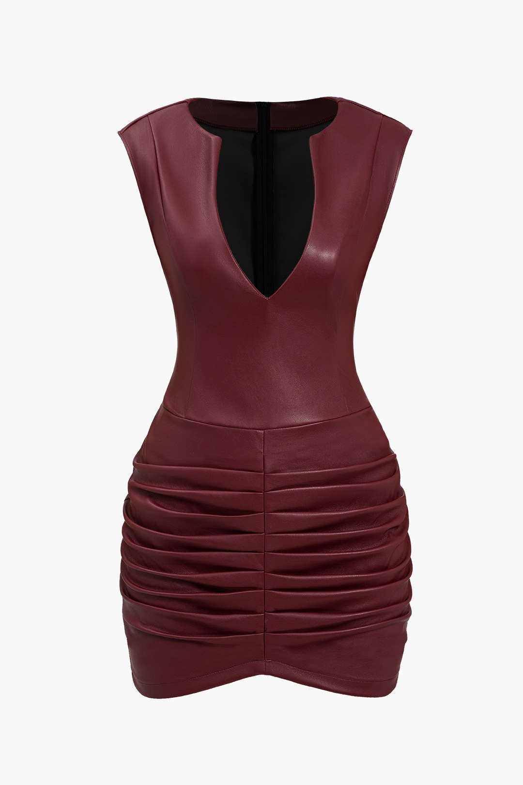 Aiertu  Ruched Faux Leather V-Neck Bodycon Mini Dress Aiertu