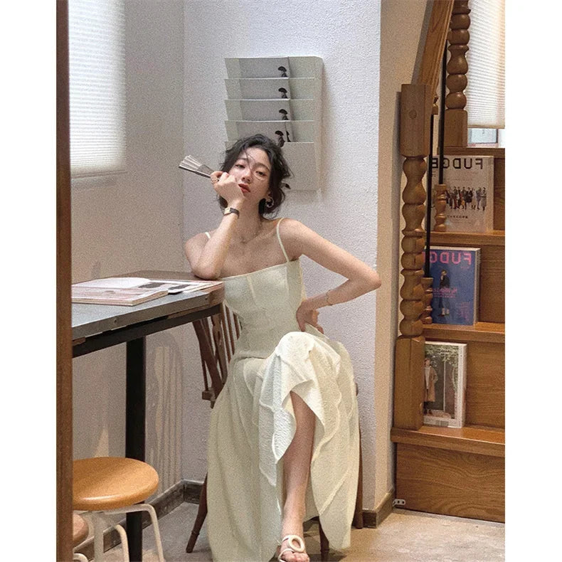 Aiertu  -  Vintage White Spaghetti Strap Casual Chiffon Midi Dress Summer Sleeveless Elegant Party Vestidos Fashion Robe Clothes for Women Aiertu