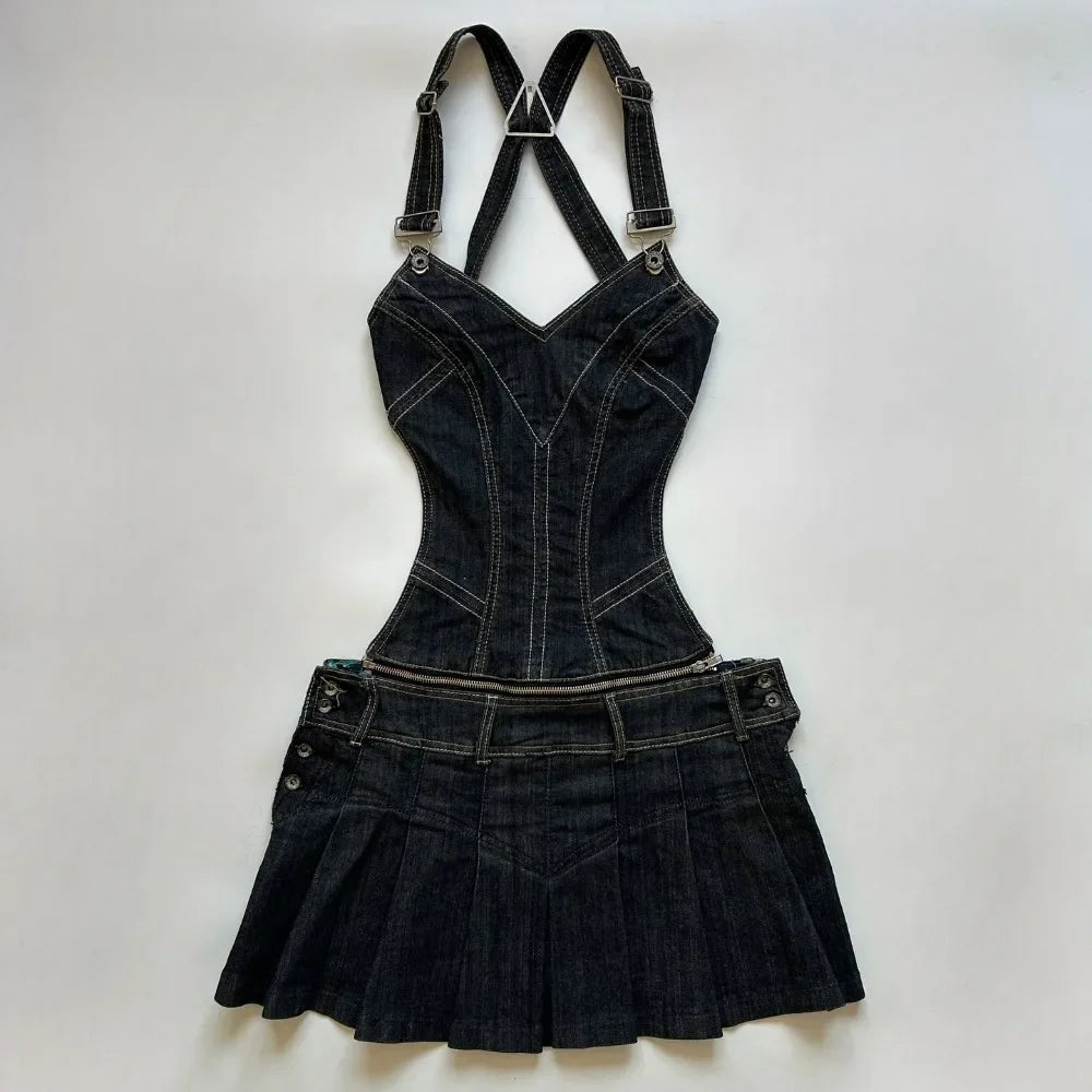 Aiertu  -   Streetwear Y2K Vintage Denim Suit Skirt Sets Womens Outfits Black Sexy Hollow Vest Suspenders Harajuku Goth Zipper Pleated Skirt Aiertu