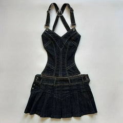 Aiertu  -   Streetwear Y2K Vintage Denim Suit Skirt Sets Womens Outfits Black Sexy Hollow Vest Suspenders Harajuku Goth Zipper Pleated Skirt Aiertu