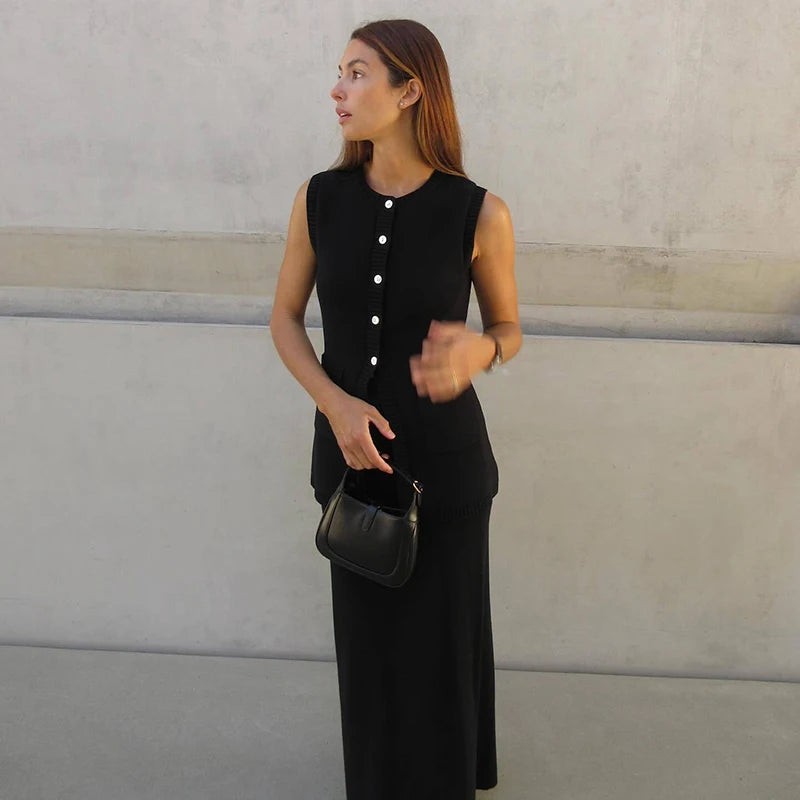 Aiertu  -  Summer Fashion Knitted Skirt Suit Sleeveless Vest Pocket Slit High Waist Long Skirt Elegant White Ribbed Knitwear Outfits Aiertu