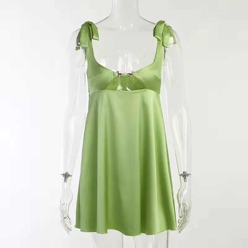 Aiertu  -  Bandage Satin Dress Women Party Sexy Backless Sleeveless Loose Dresses Ladies Hollow Out Casual Mini Dress Woman 2026 New Aiertu