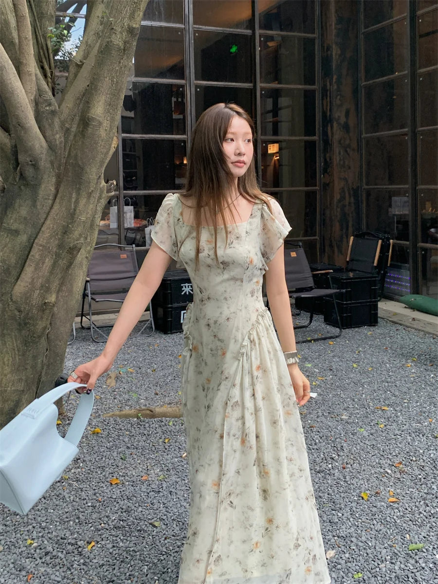 Aiertu  -  Vintage Elegant Women's Slim Summer Long Chiffon Dress Smudge Flower Square Collar Flattering Maxi Sundress Female Aiertu