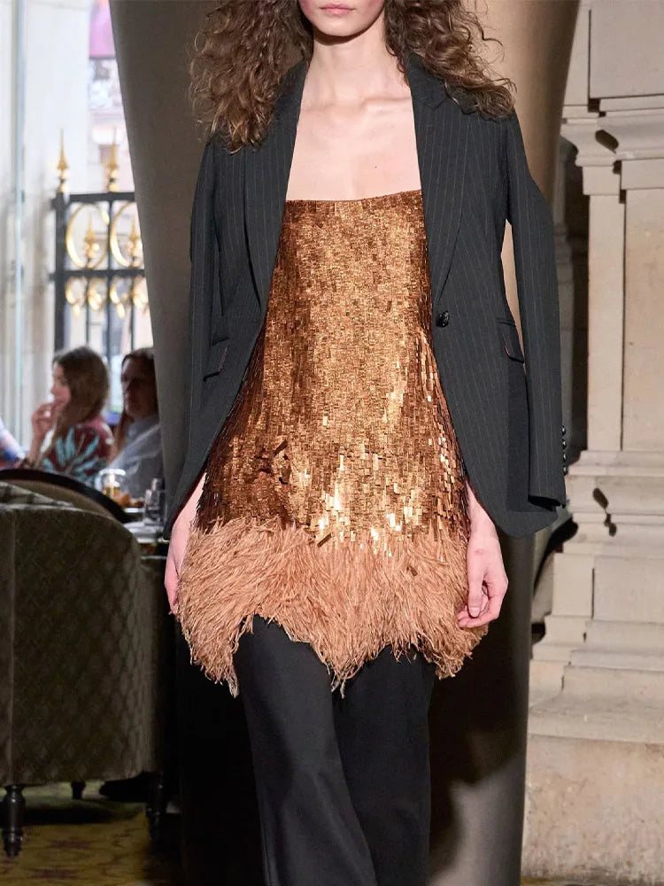 Aiertu  -  Sequin Feather Sling Dress Women A-line Slim Hip Package Sexy Mini Party Dresses 2026 Fashion Lady Elegant Club Evening Vestido Aiertu