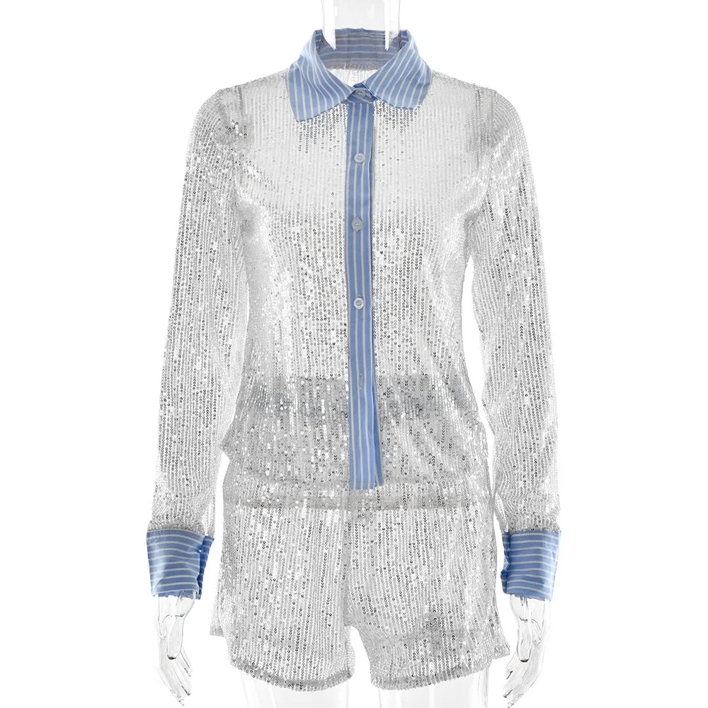 Aiertu  -  Casual Sexy Sequins Shorts Two Pieces Set Woman Outfit Chic Long Sleeve Shirts+Shorts Suit Night Club Short Pants Streetwear Aiertu