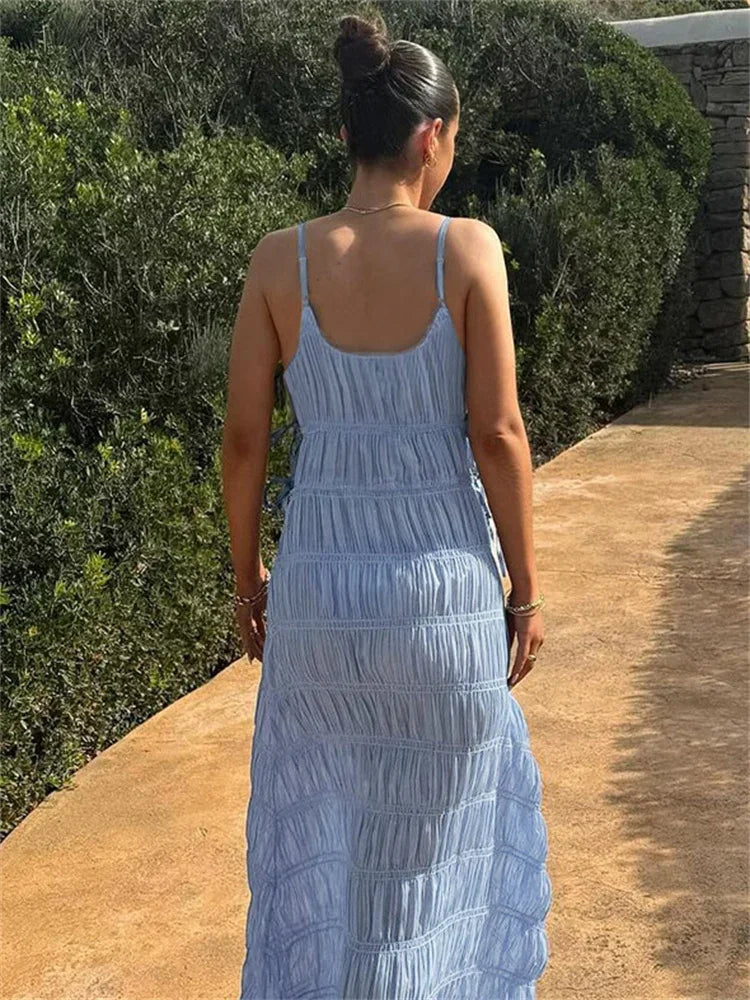 Aiertu  -  Ladies Elegant Halter Dresses V-Neck Sleeveless High Waist Patchwork Spaghetti Backless Party Dress Women 2025 Long Dress Aiertu