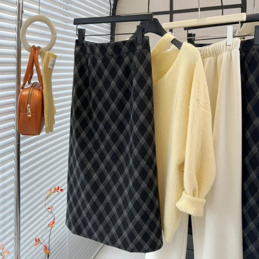 Aiertu  -  party look snspos 2025 New Women Spring Autumn Plaid Print Wrap Hips Skirts Fashion Ankle-Length Sexy Slim Pencil Preppy Style Girls Midi Skirt Aiertu