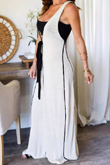 Aiertu  -  Casual Patchwork Belted V Neck Long Dresses Aiertu