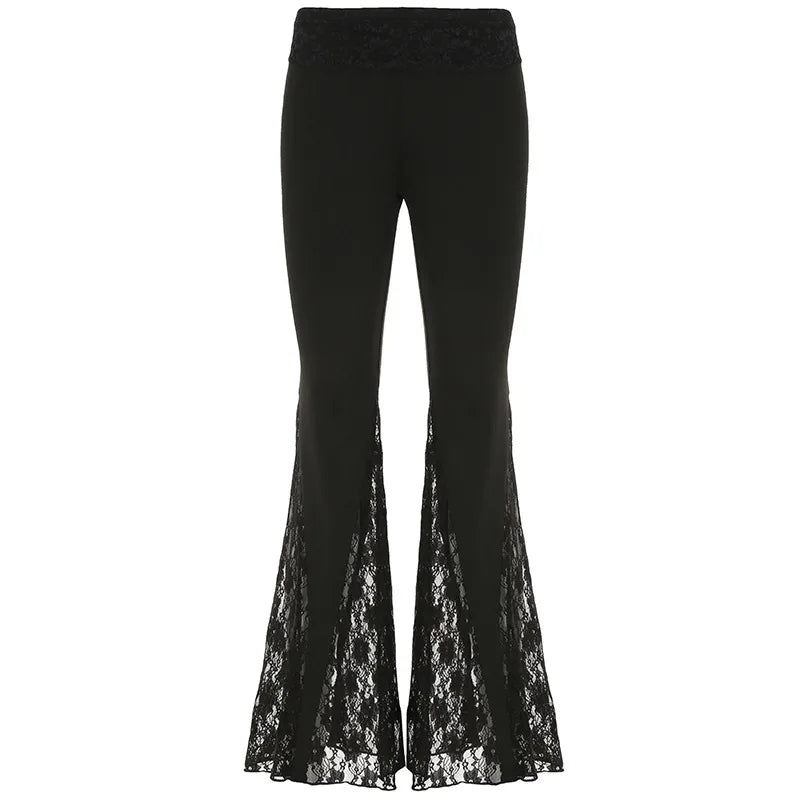 Aiertu  -  Women's 2025 Autumn Spring Fashion Streetwear Lady Casual Patchwork Lace Flare Pants Sexy Slim Mid-Waisted Wide Leg Pants Aiertu