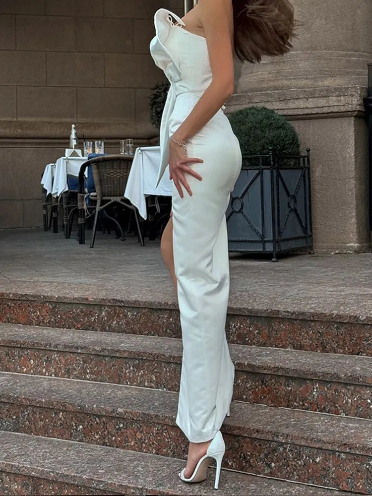 Aiertu       -  3d Bow Strapless High Slit Dress For Women Fashion Off Shoulder Sleeveless Slim Dresses New Female Night Party Evening Gowns Aiertu